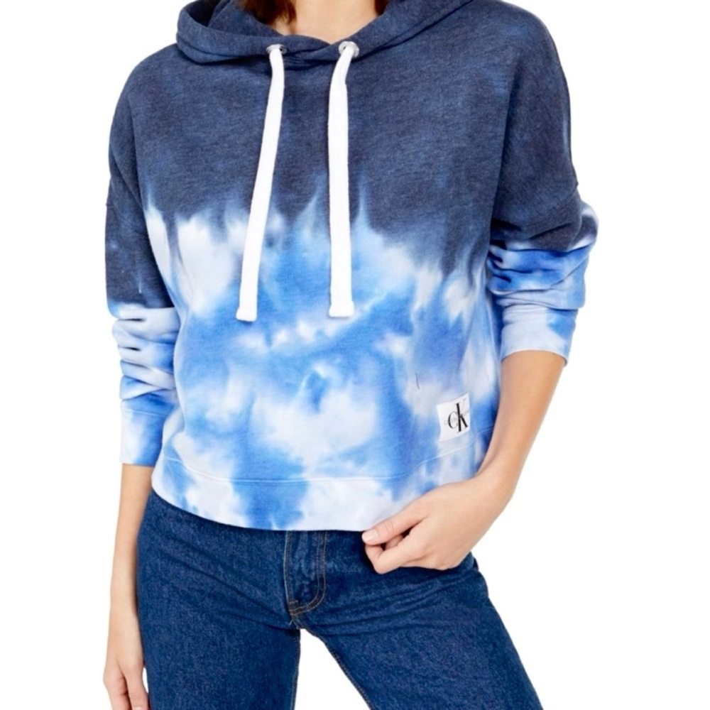 Calvin Klein Women's Blue High Tide Tie Dye Crop Hoodie Sweatshirt Y2K | Size L
